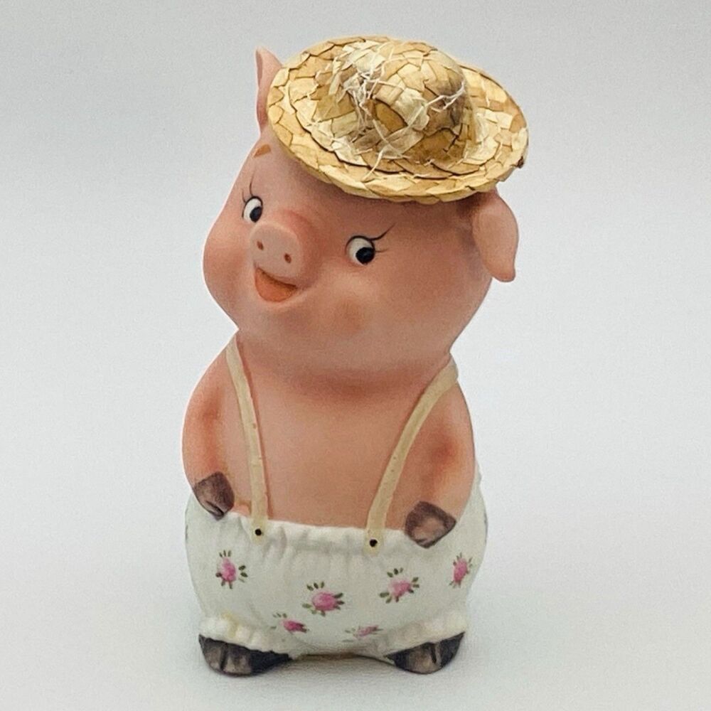 Piggy Bank Overalls Straw Hat Brinn’s Porcelain 5.5in